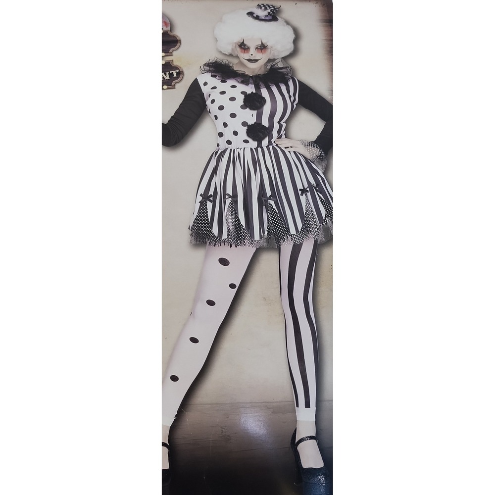 Fun World Killer Clown Halloween Costume Womens S/M Black White Striped With Wig